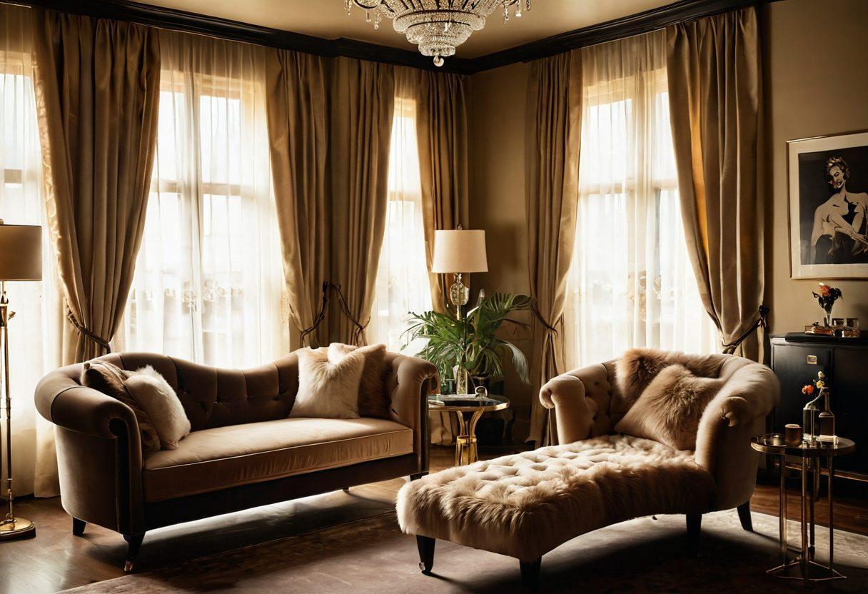 An elegant scene featuring a vintage-inspired room adorned with classic film posters of iconic blonde adult stars. Soft golden light filtering through sheer curtains enhances the sensual ambiance. A plush chaise lounge, with accessories like a vintage camera and a glass of champagne, invites intrigue and allure. Subtle hints of glamour, such as feathers and pearls, add to the luxurious feel. Art deco style with rich textures and a moody color palette. 3D, vintage aesthetic, soft focus.